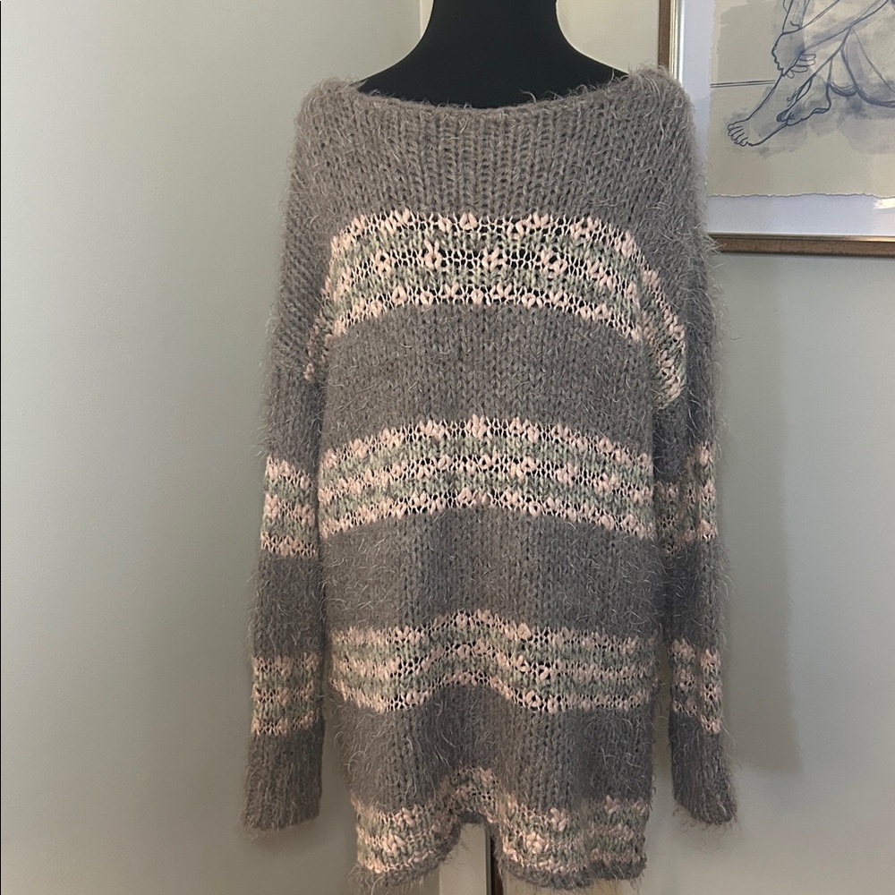 Free People | Linus Striped Eyelash Wool Blend Sweater Gray Pink-Size medium - Picture 3 of 6
